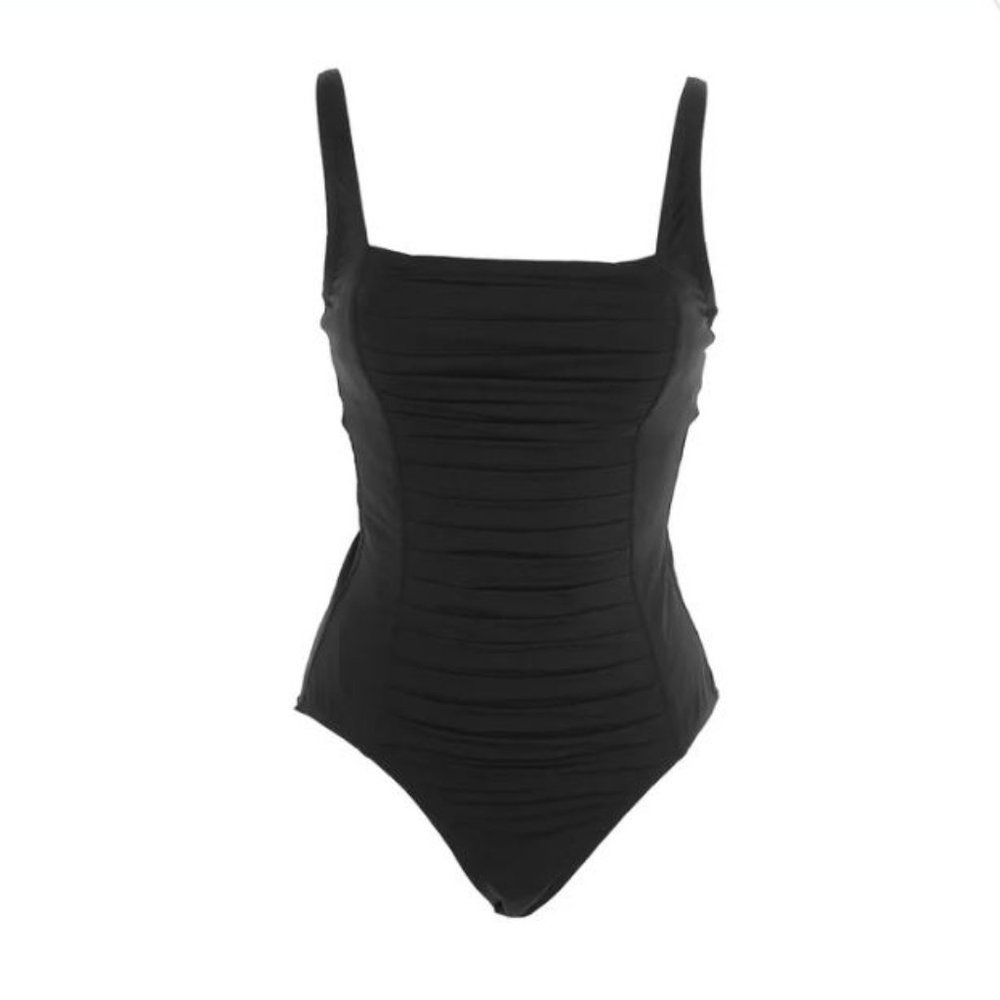 NWOT Calvin Klein Black Rouched One Piece Modest Figure Flattering Swimsuit